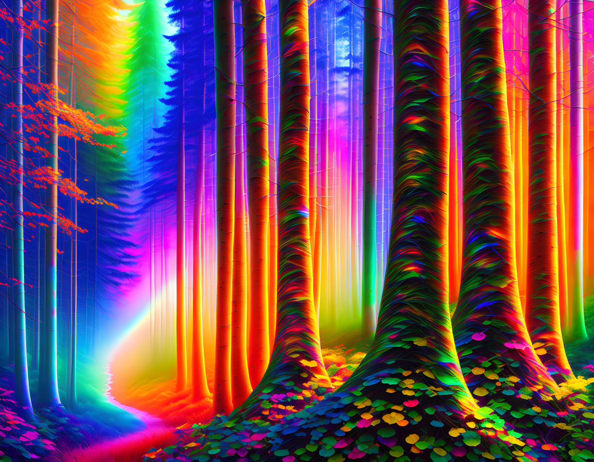 Colorful surreal forest with light streaks, rainbow foliage, and purple sky