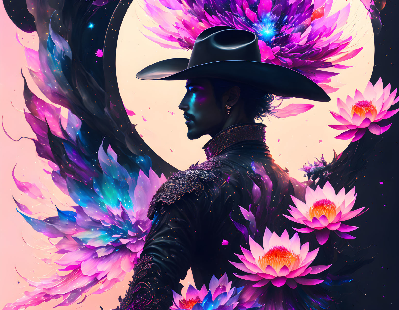 Colorful portrait with wide-brimmed hat and cosmic background.