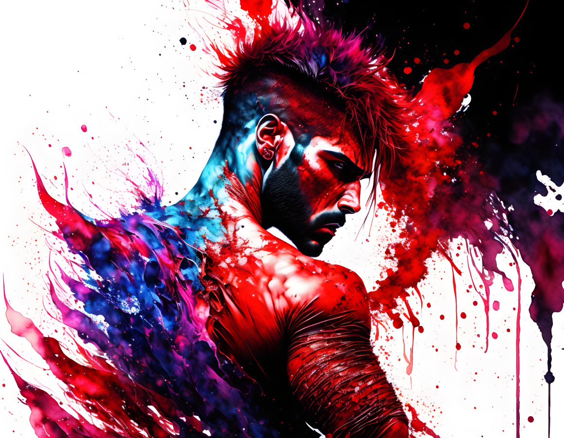 Colorful digital artwork: Profile with mohawk in crimson and magenta splashes