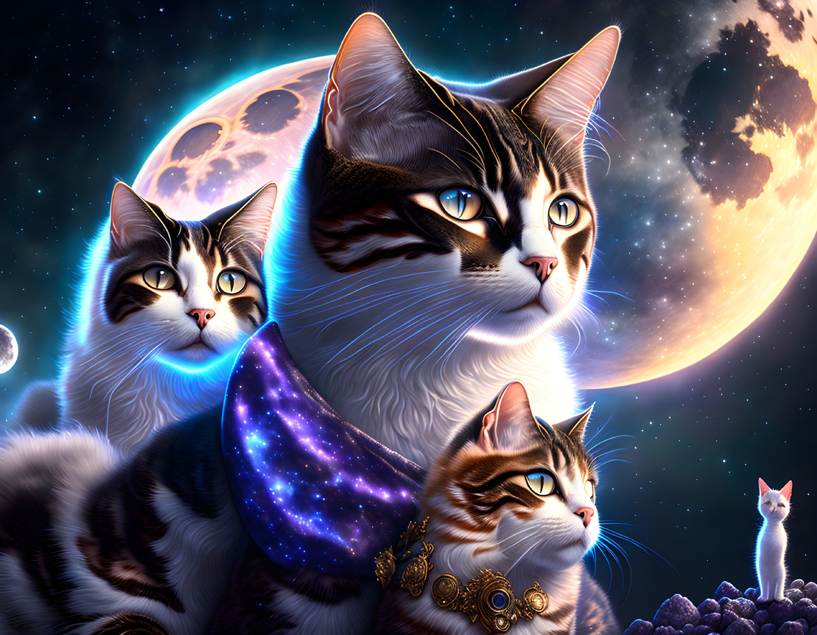 Three cats with cosmic features under moonlit starry sky.