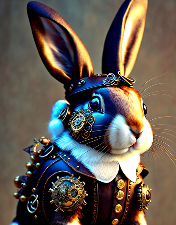 Steampunk-style rabbit with mechanical adornments on a muted background