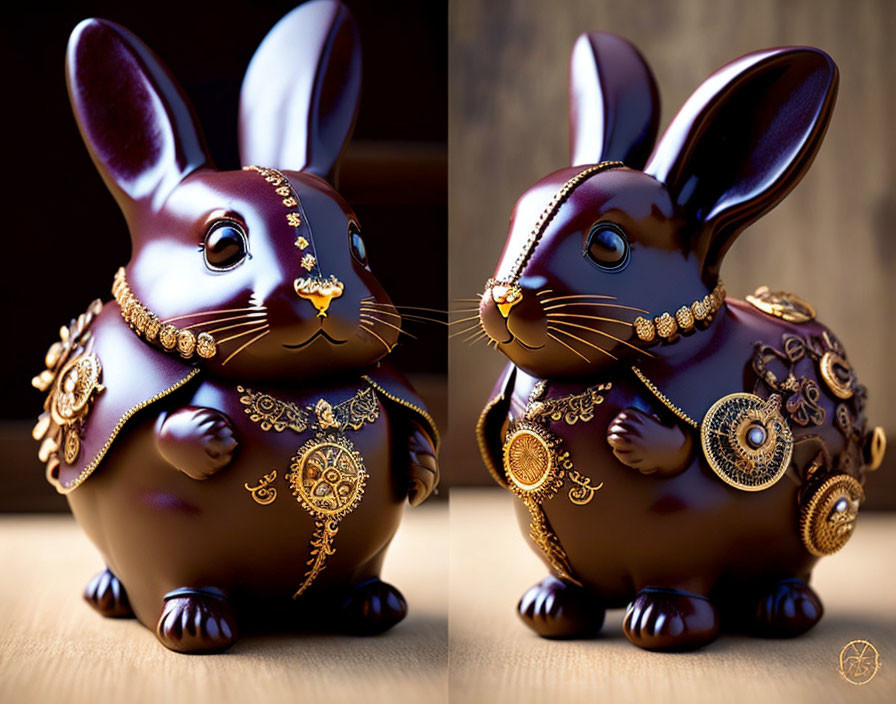 Intricate Gold-Detailed Chocolate Bunny on Wooden Background