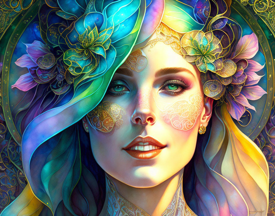 Colorful digital artwork of woman with blue eyes and floral headdress