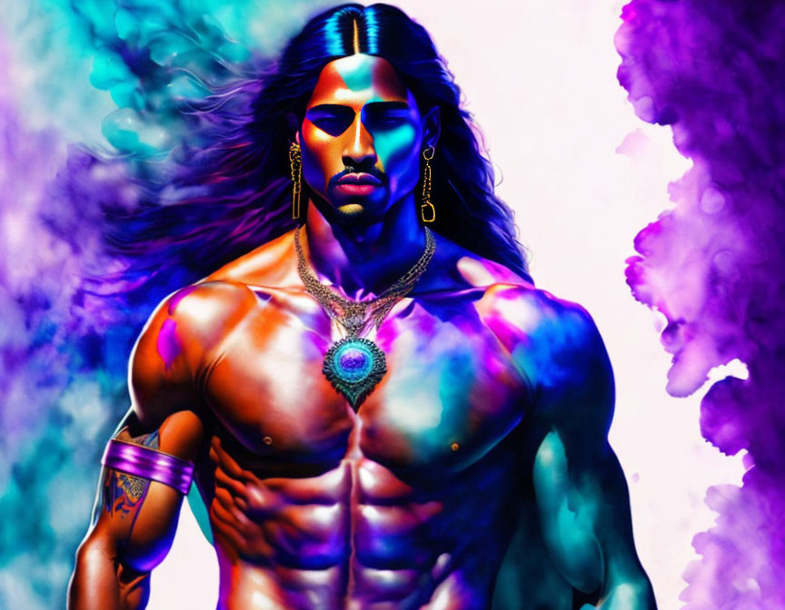 Muscular man with tattoos and jewelry in vibrant smoke backdrop