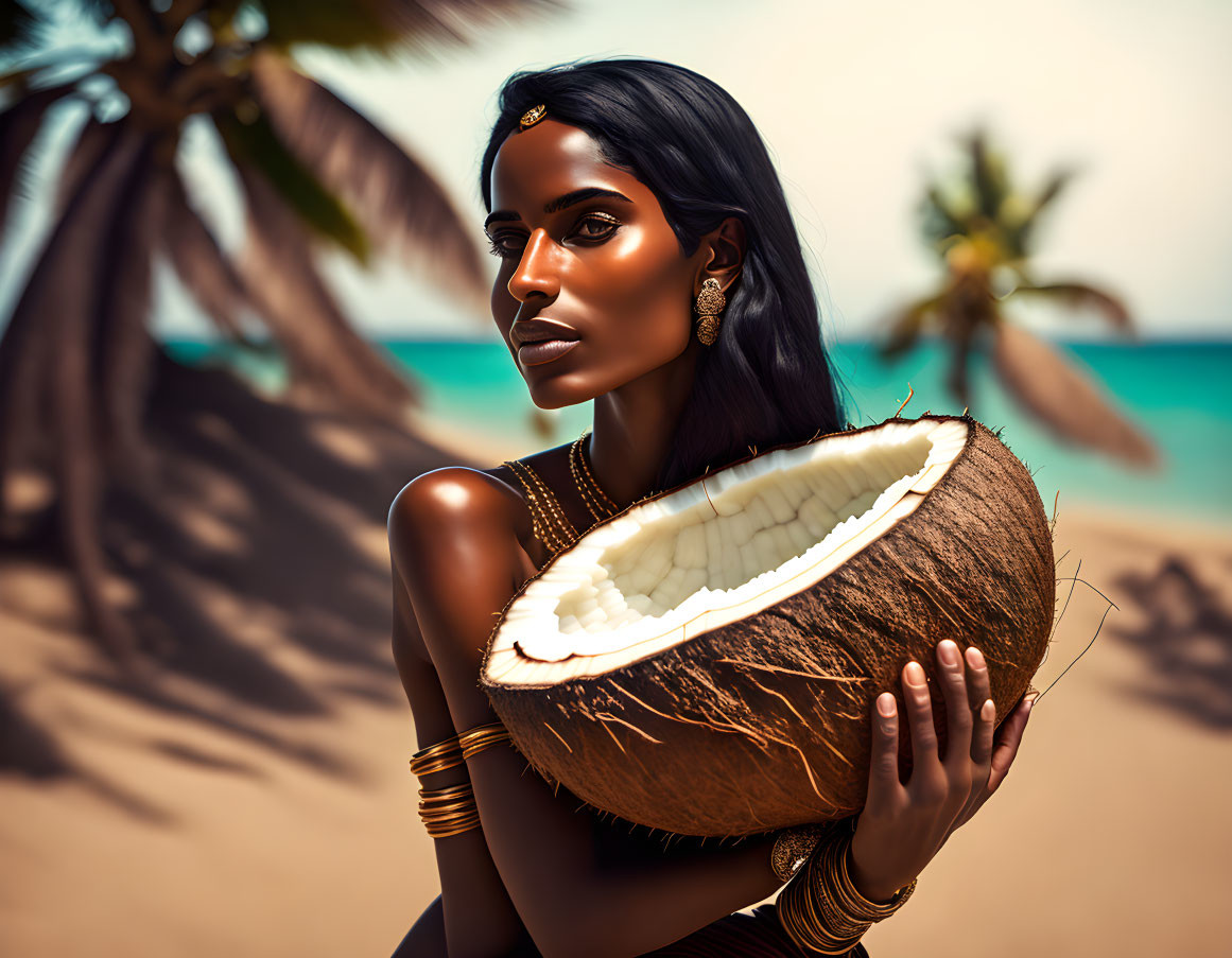 Woman with coconut and gold jewelry on tropical beach