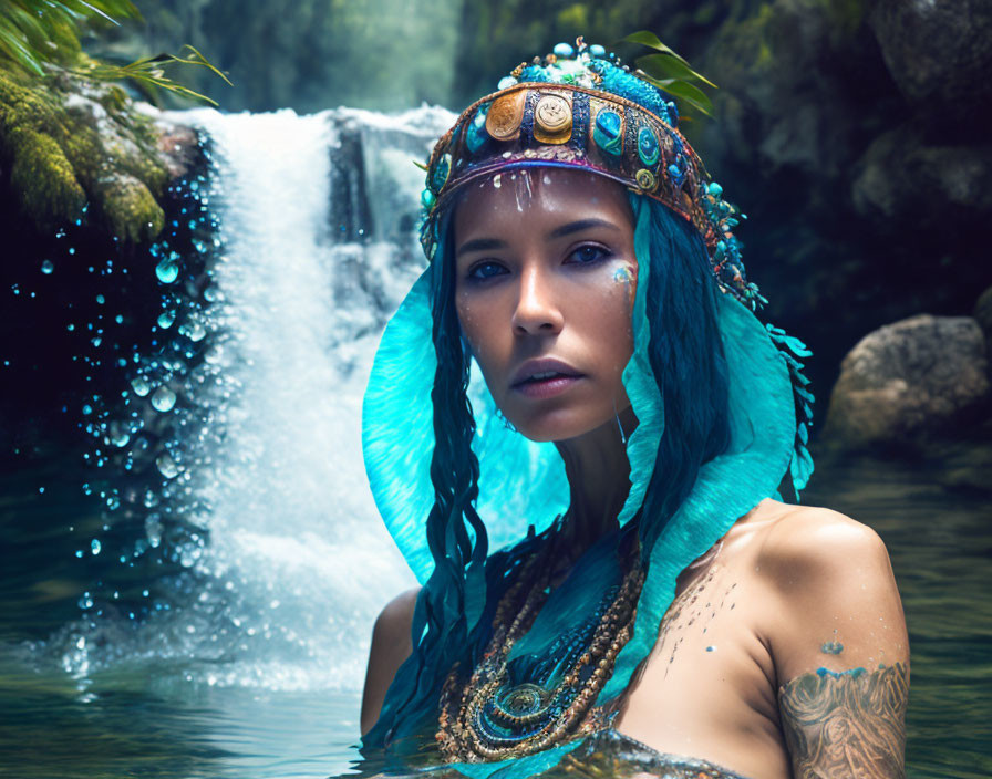 Woman with Blue Feathered Headdress and Tribal Makeup Near Waterfall