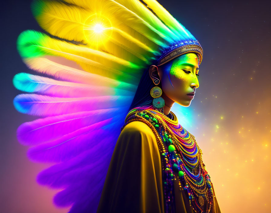 Colorful woman with neon face paint and peacock feather headdress on starry background