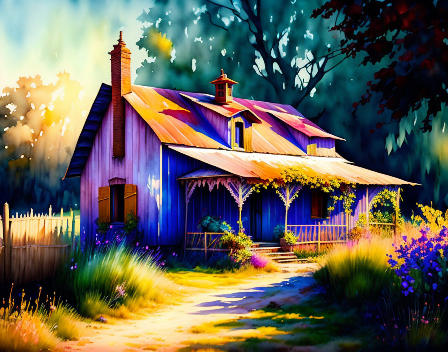 Colorful painting: Purple cottage in lush greenery with vibrant flowers at sunset