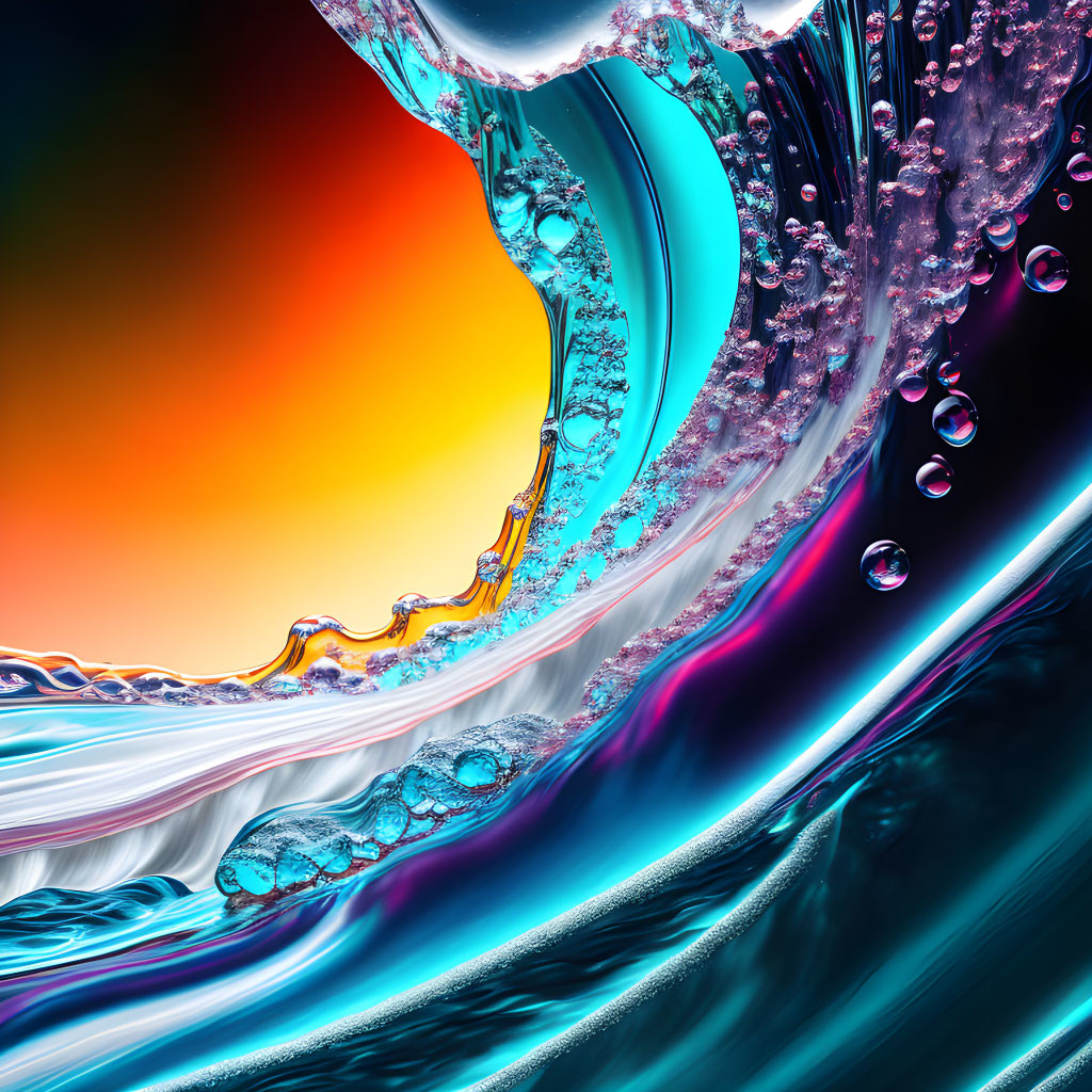 Colorful abstract artwork with dynamic wave forms in blue and pink hues and bubble-like structures on warm gradient