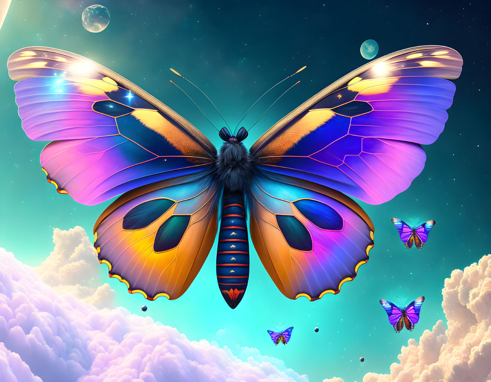 Colorful oversized butterfly in digital artwork with iridescent wings and starry sky background