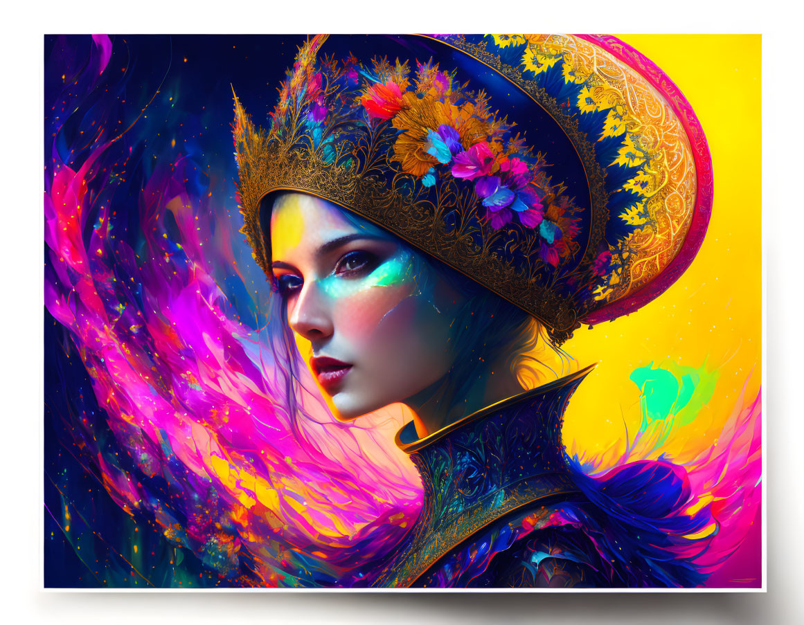 Colorful illustration of woman with ornate headdress and abstract wisps