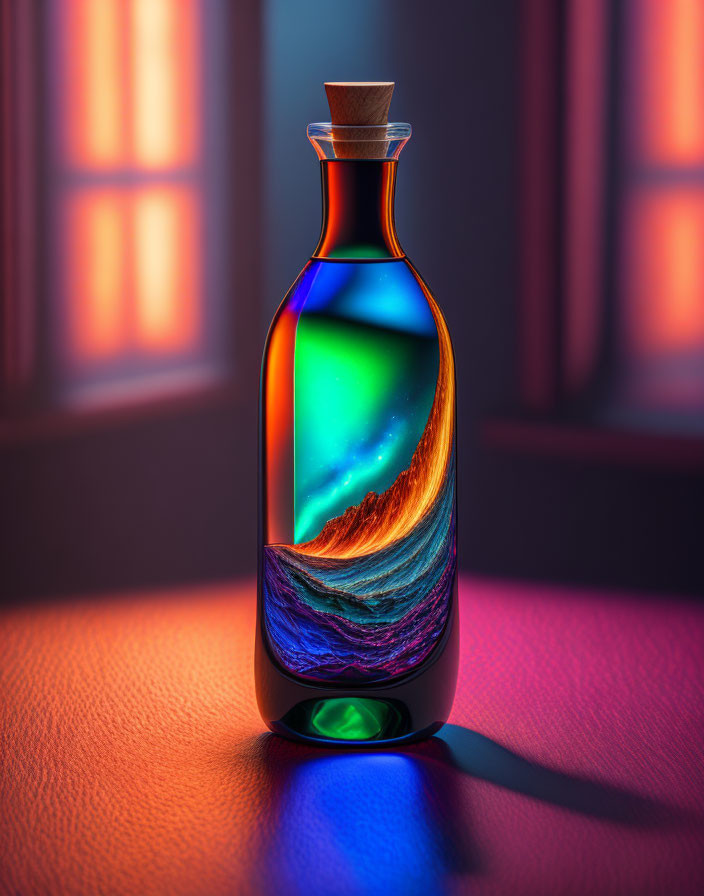 Vibrant digitally altered bottle with illuminated landscape on purple and orange backdrop