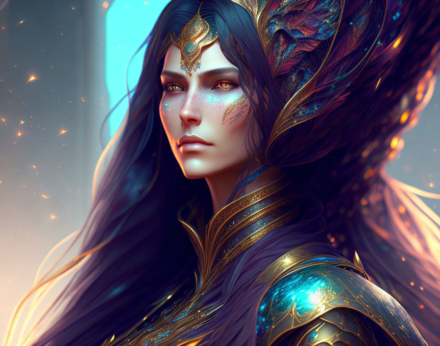 Fantasy digital artwork of female character in golden armor with blue eyes