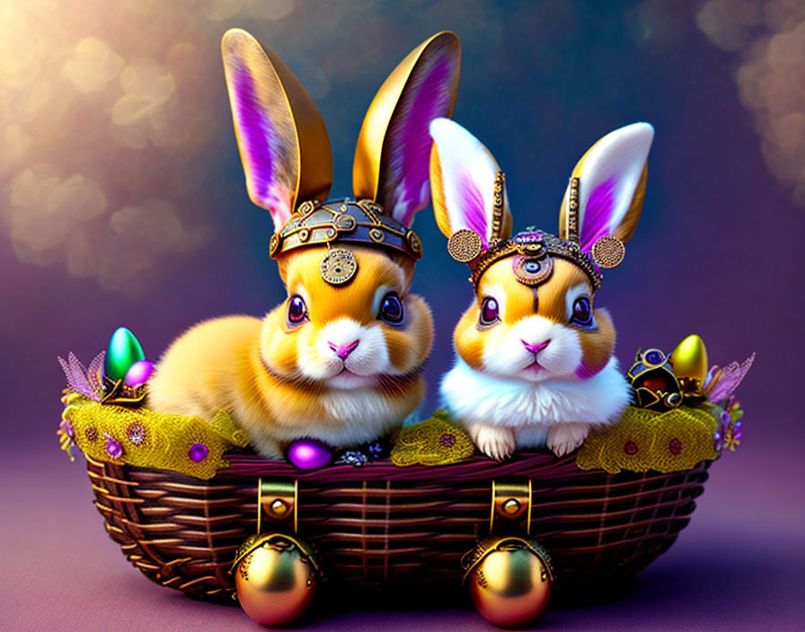 Steampunk-style anthropomorphic bunnies in decorated basket with mechanical elements.