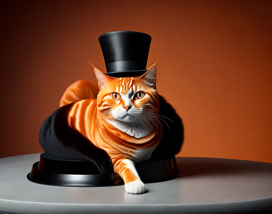 Orange Tabby Cat in Striped Top Hat on Platform with Orange Background