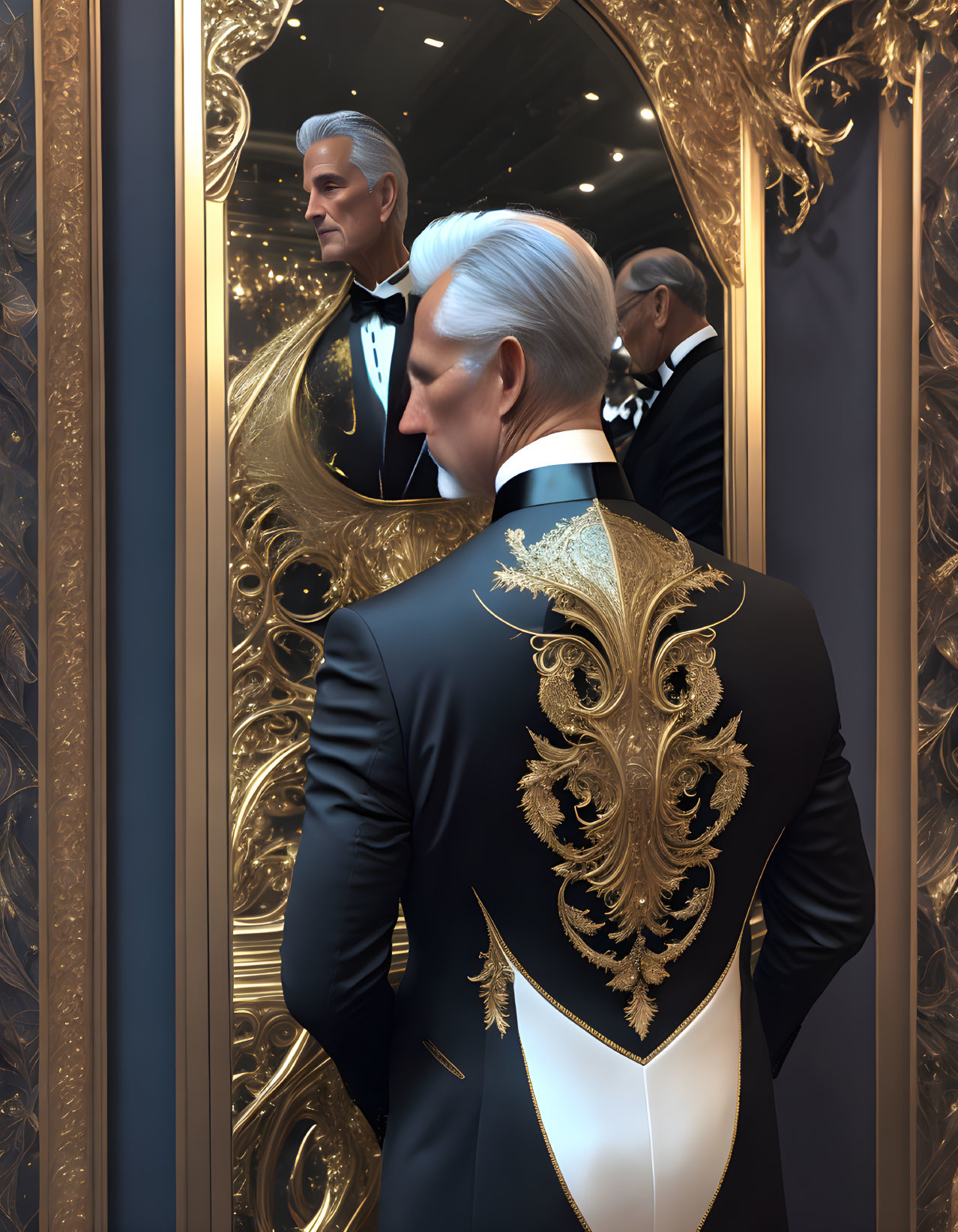 Sophisticated man in black tuxedo admires reflection in ornate golden mirror