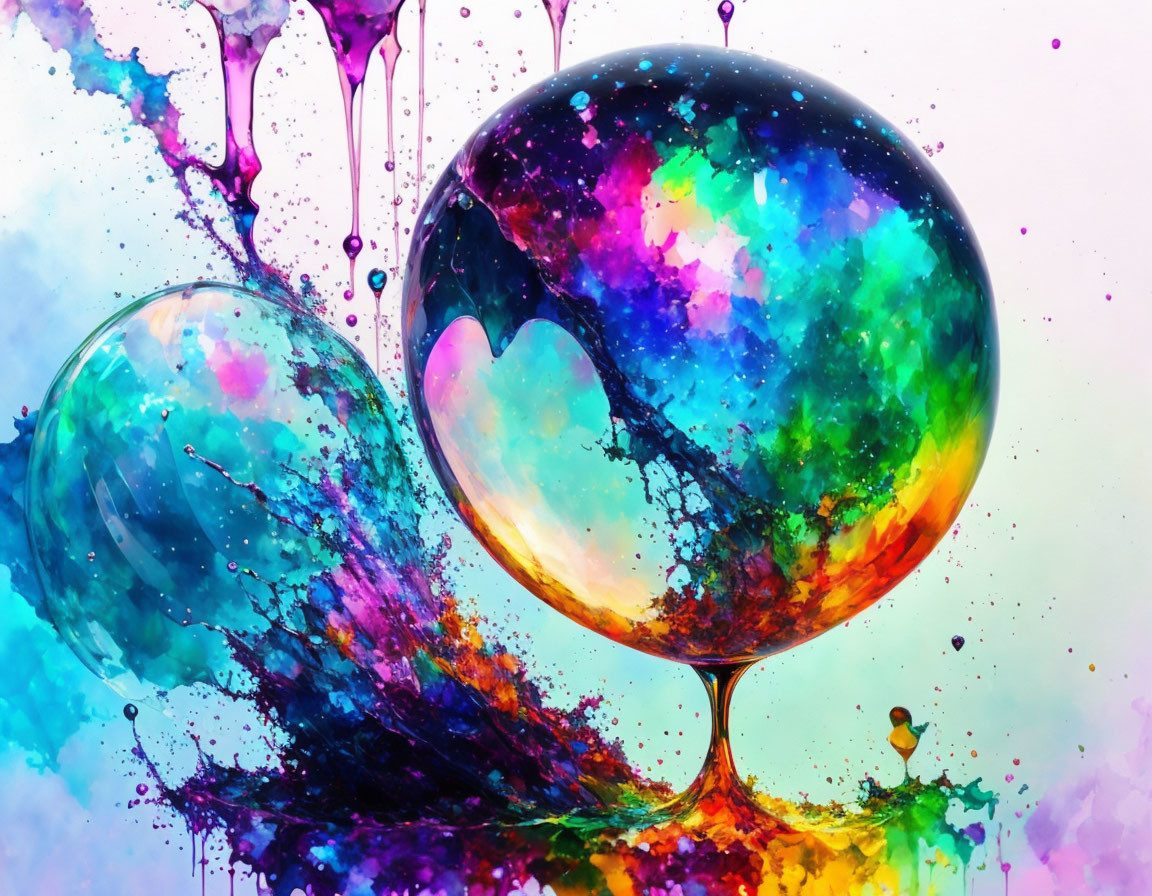 Colorful paint splashes surround glossy bubbles on bright background