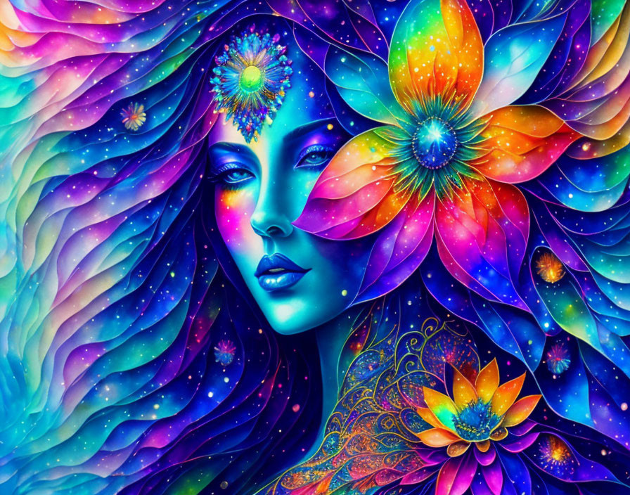 Colorful cosmic floral patterns intertwine with a woman's face in vibrant artwork.