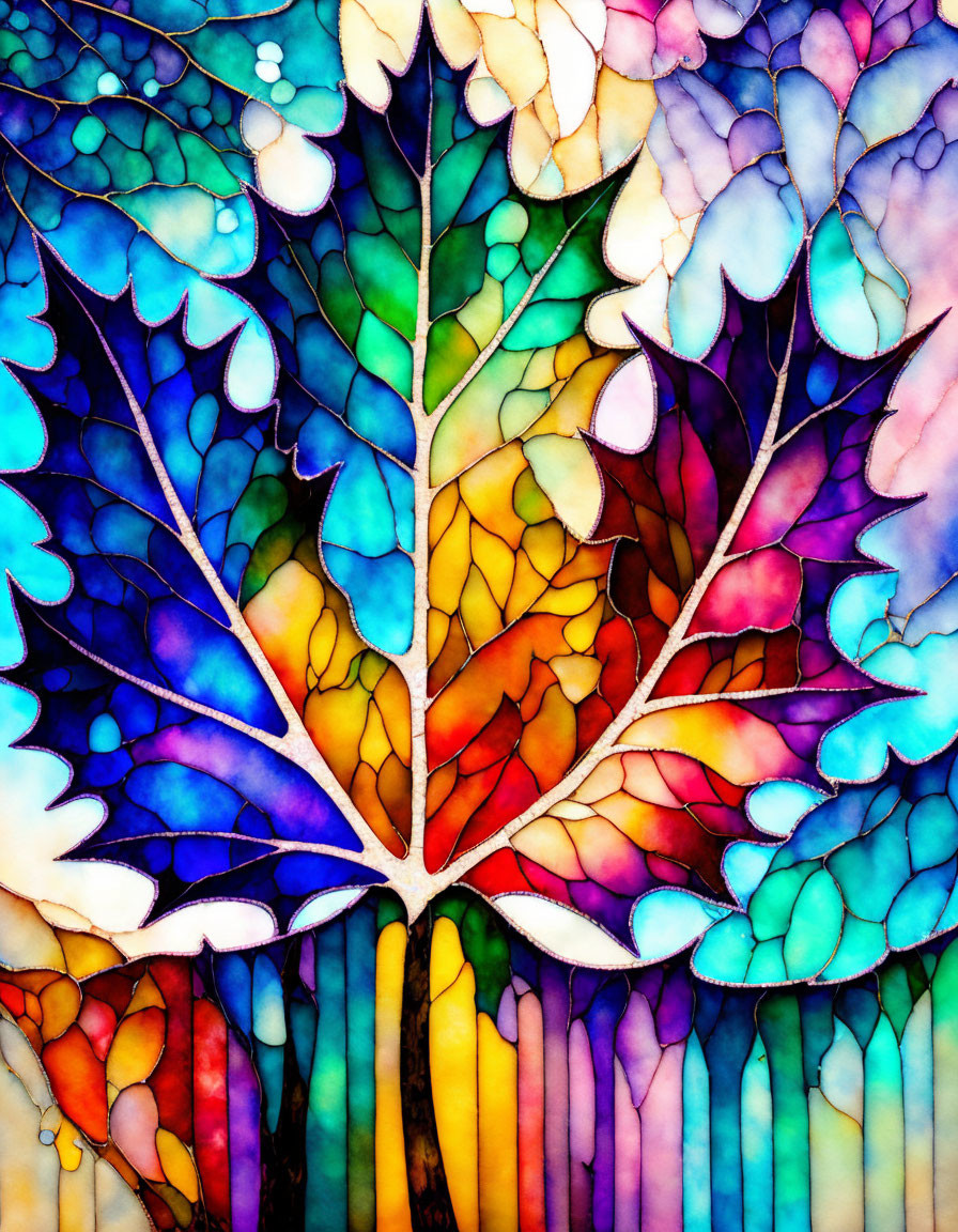 Colorful Stained Glass Leaf Illustration in Mosaic Style