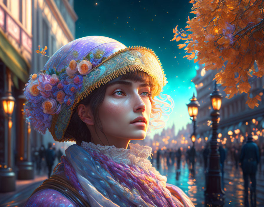 Woman in floral hat and scarf under starry sky with autumn leaves.