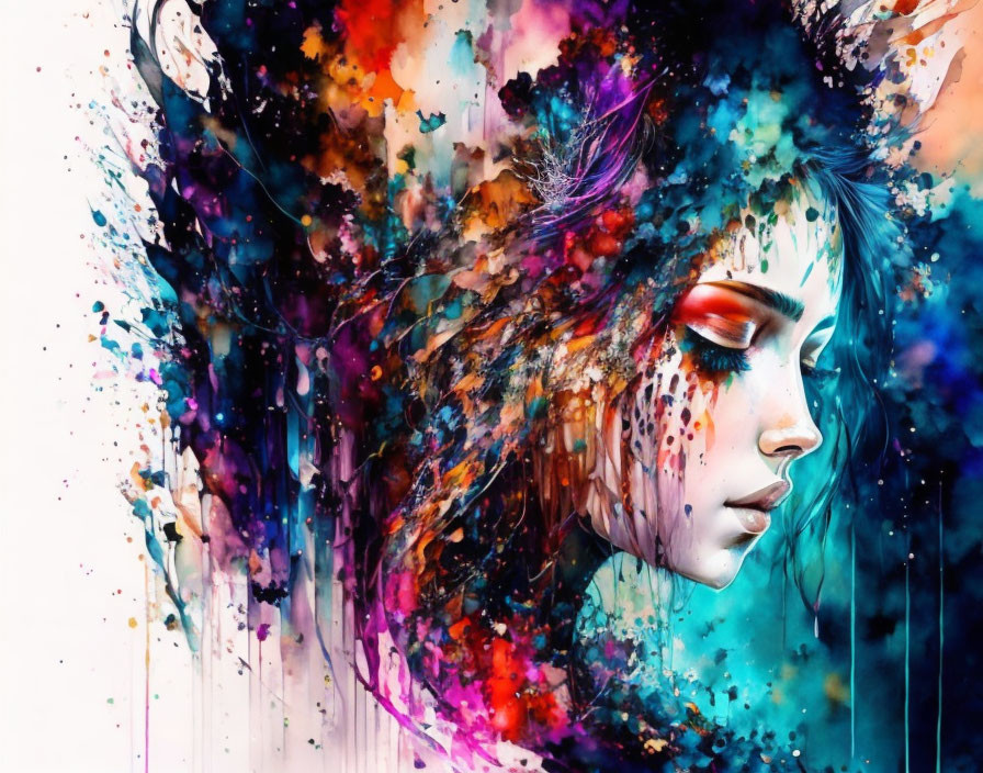 Vibrant abstract art: colorful woman's profile with dreamy expression