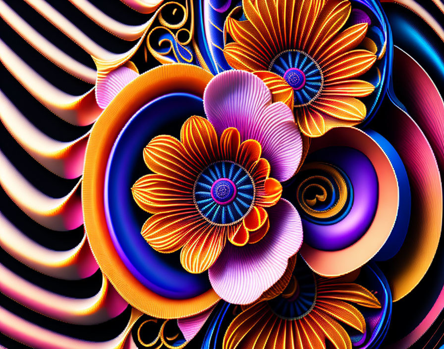 Colorful digital art: stylized orange and blue flowers on swirling backdrop