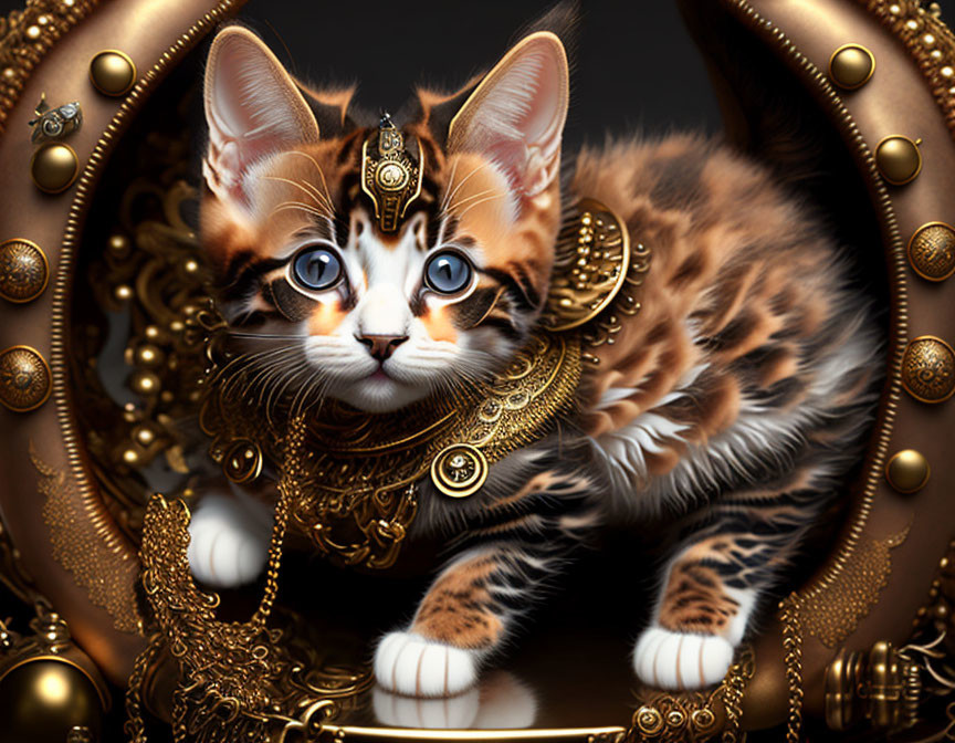 Detailed digital artwork of a kitten with blue eyes and gold jewelry.