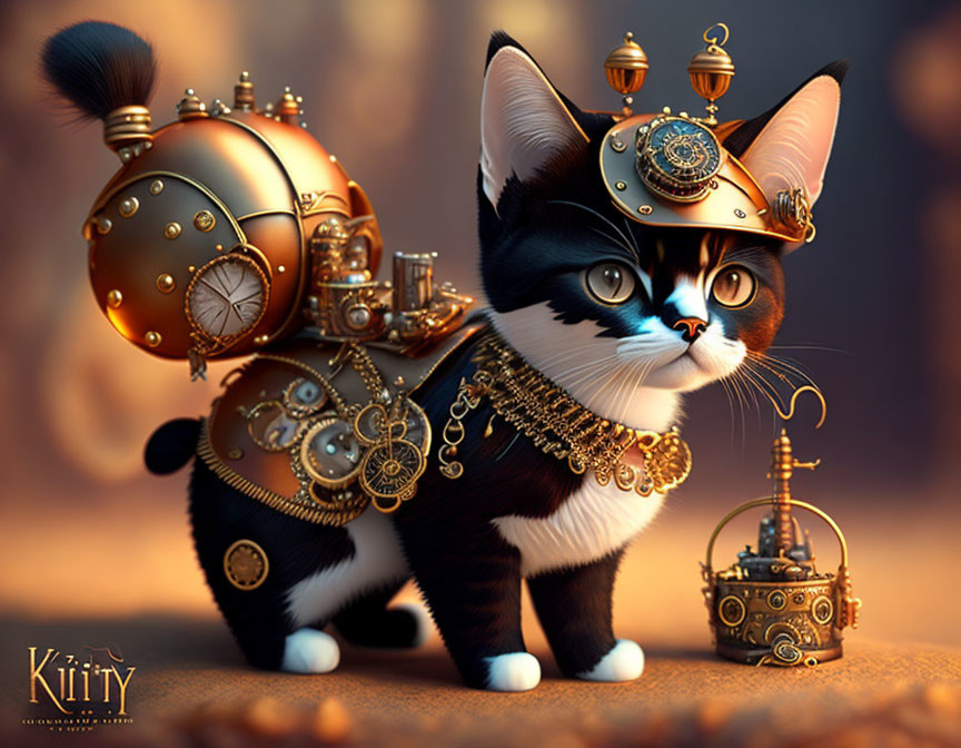 Steampunk-style cat with mechanical elements on warm-toned background