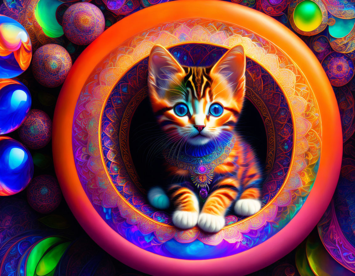 Colorful digital artwork of whimsical kitten with blue eyes and intricate patterns