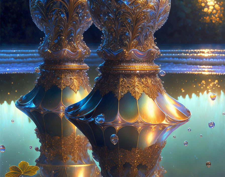 Intricate golden vases with patterns, floating bubbles, and a leaf in water