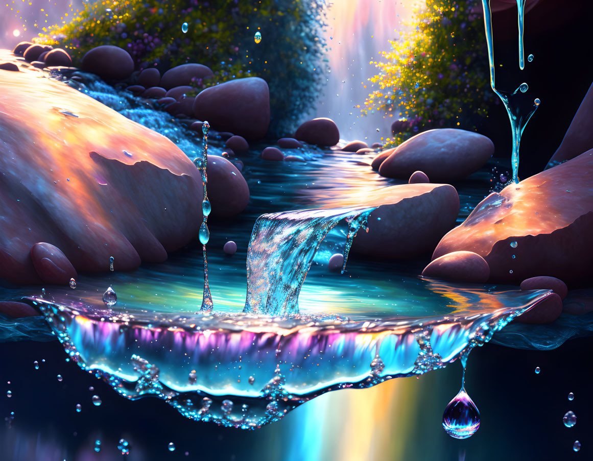 Tranquil water scene with rocks, pebbles, and a waterfall