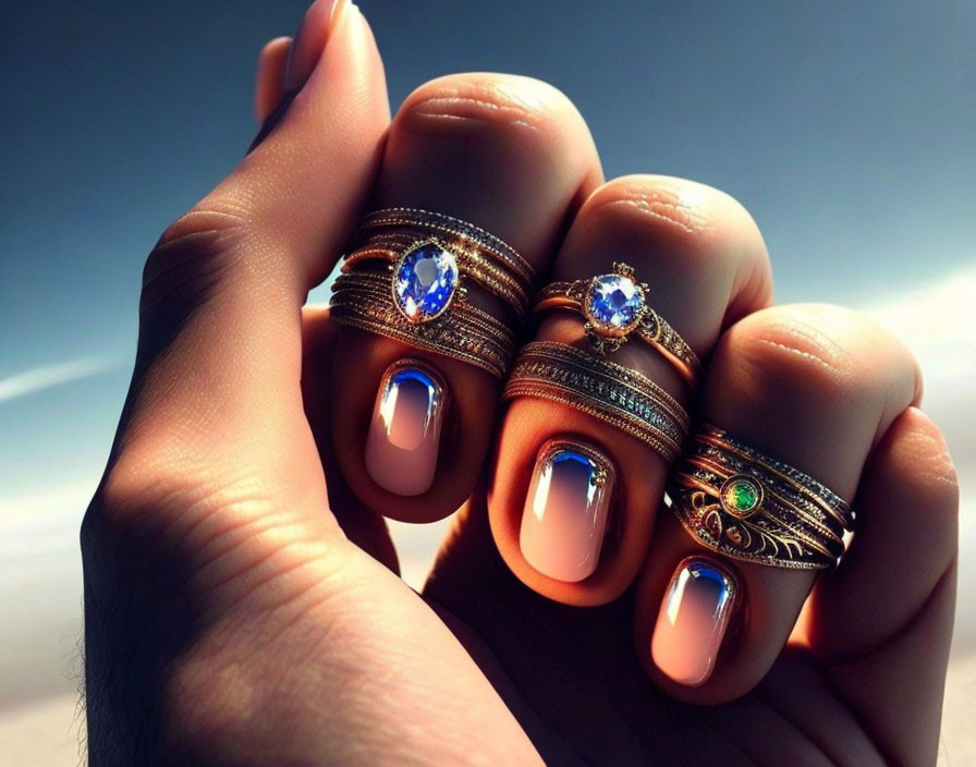 Hand with multiple ornate blue gemstone rings on cloudy sky backdrop