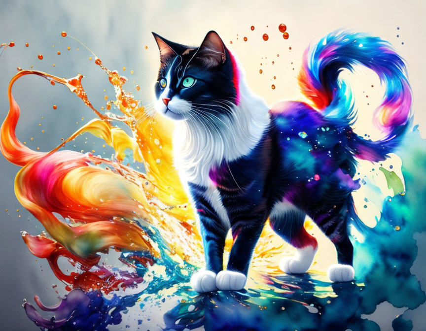 Colorful Cat Illustration with Rainbow Hues on Soft Background