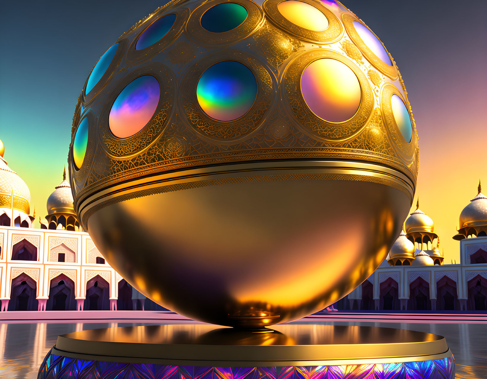 Intricate golden sphere with gems on fantastical architecture.