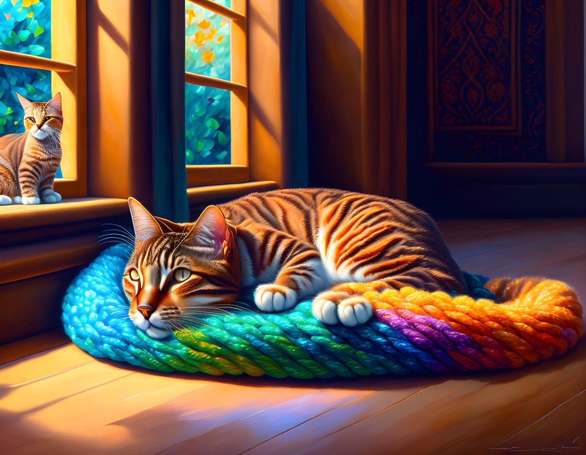 Tabby Cat Resting on Colorful Woven Mat in Sunlit Room