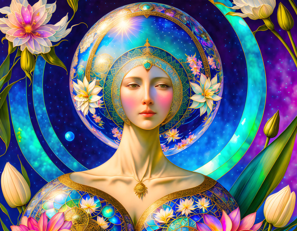 Colorful digital artwork of woman with halo and lotus flowers in cosmic setting