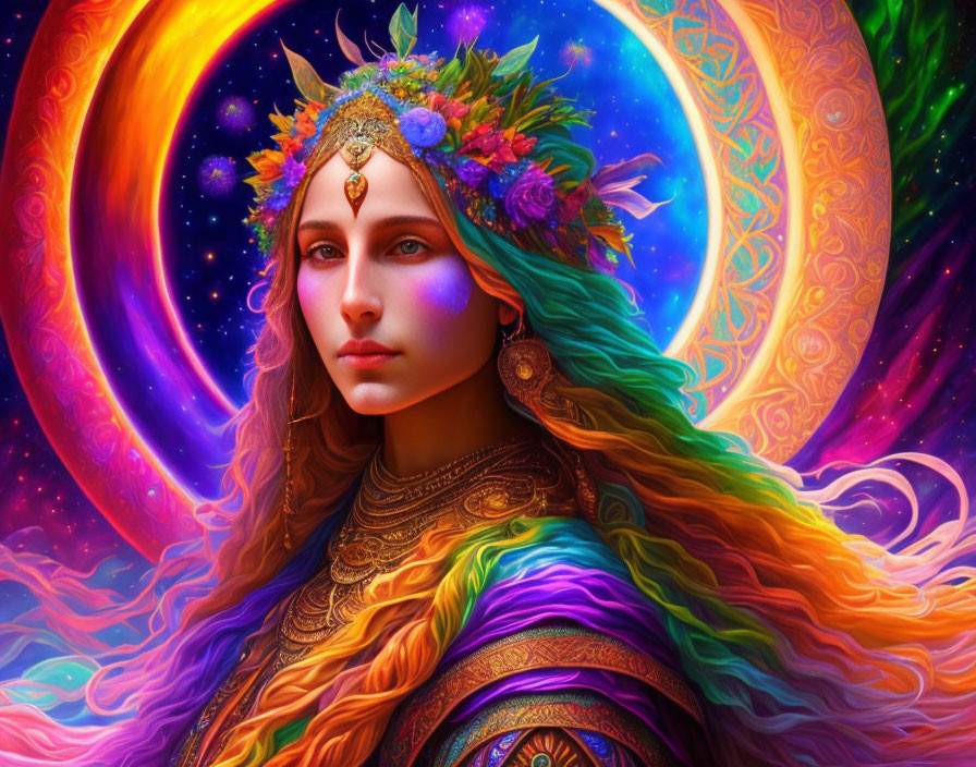 Colorful Fantasy Illustration: Woman with Multicolored Hair and Floral Crown in Cosmic Setting