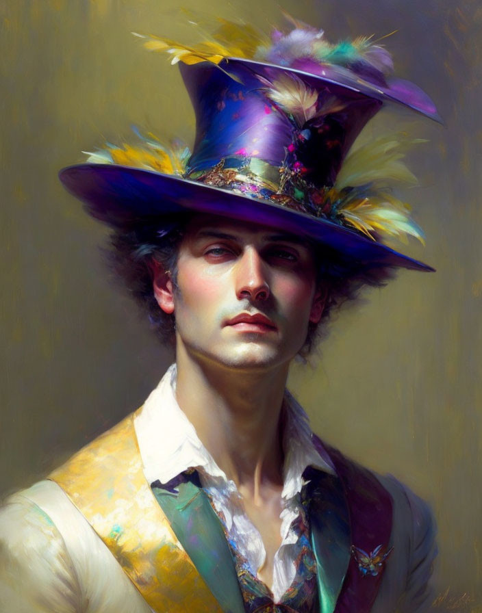 Person with pensive expression in ornate feathered hat and vintage shirt