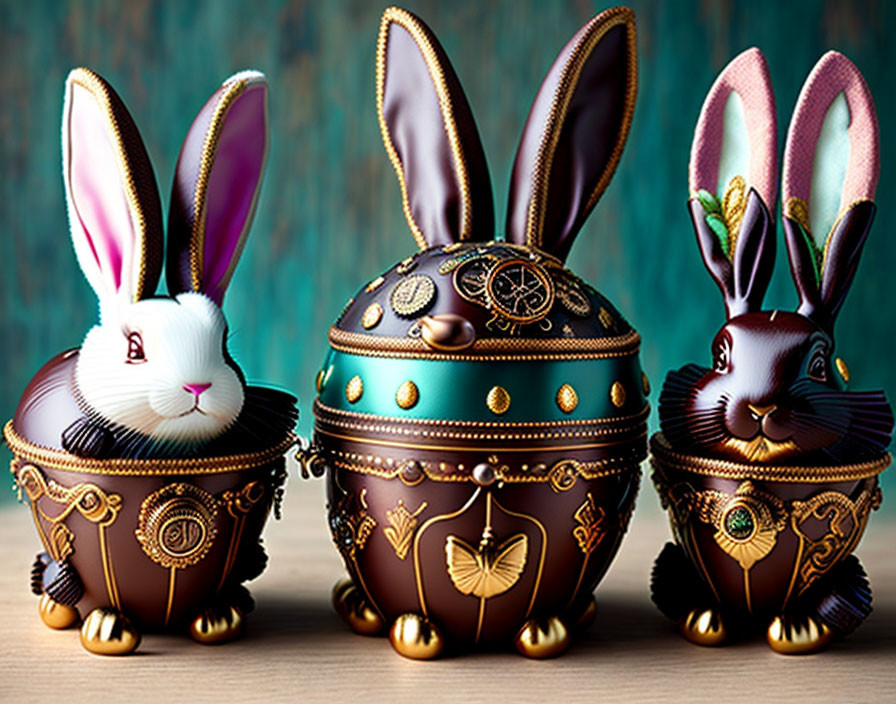 Three ornate steampunk-style Easter bunnies with cog and gear designs