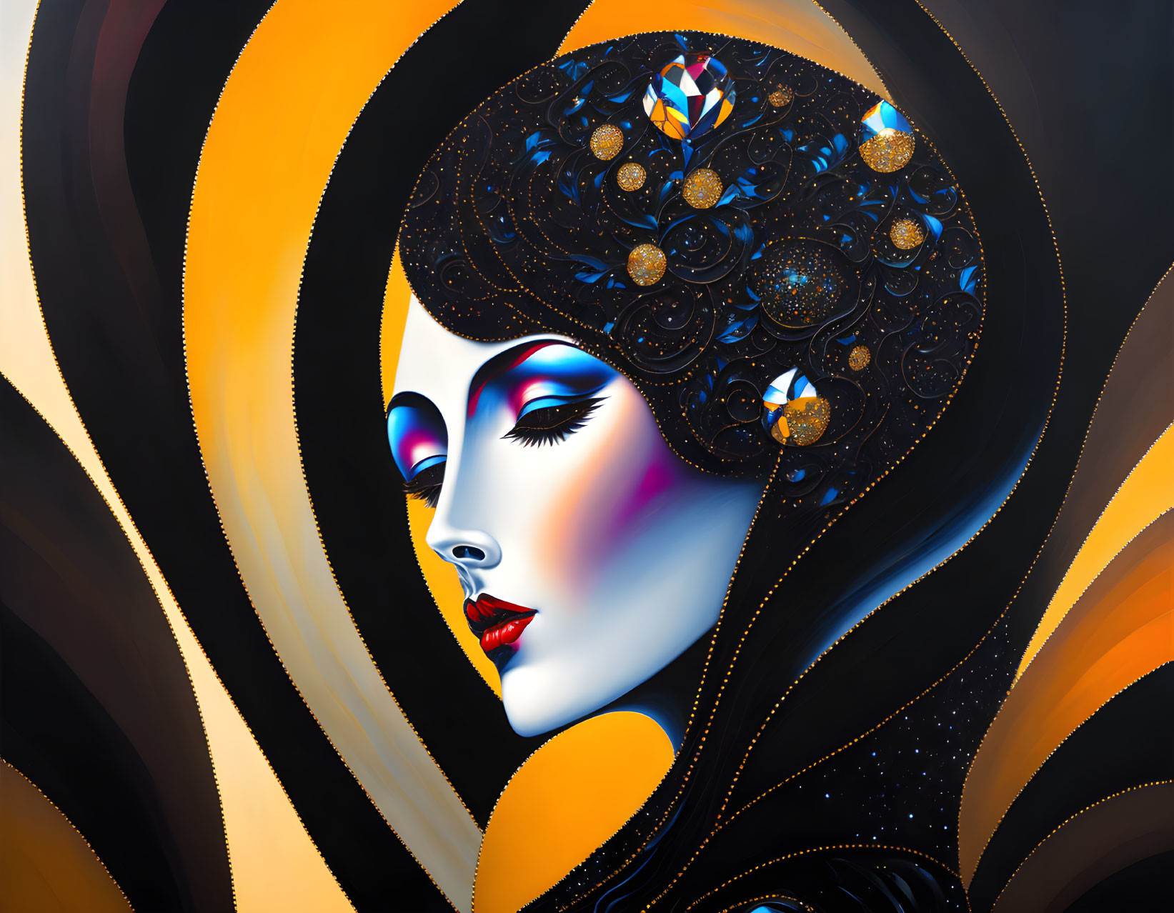 Colorful Stylized Portrait of Woman with Decorative Headdress