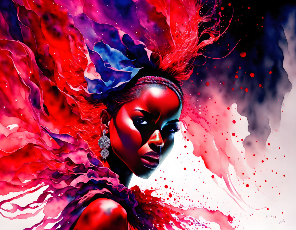 Vibrant red and pink digital artwork of a woman against cosmic backdrop