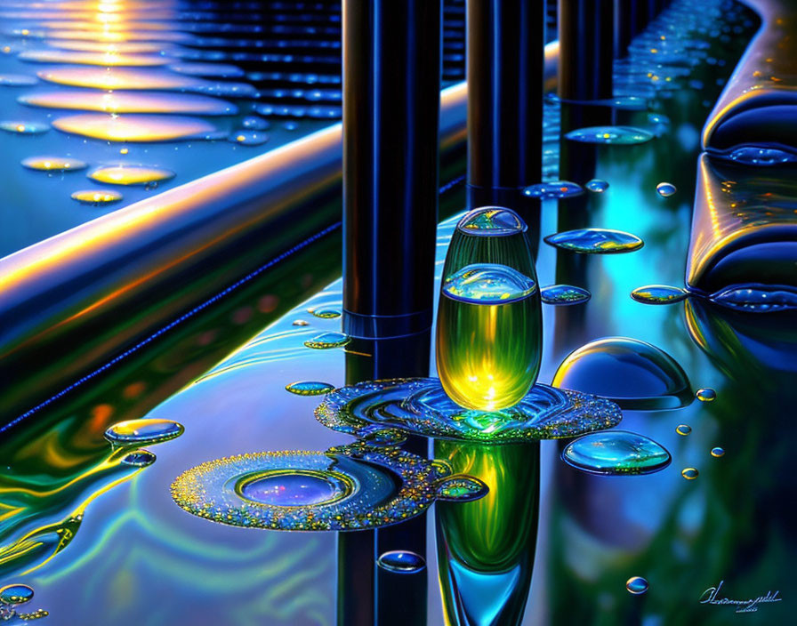 Digital Art: Shiny Metallic Pillars with Colorful Water Ripple Effects