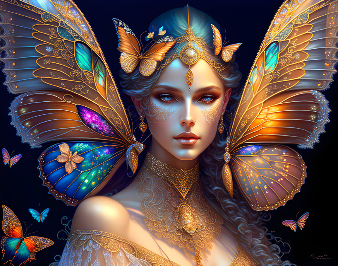 Fantasy illustration of woman with butterfly wings and gold jewelry surrounded by butterflies