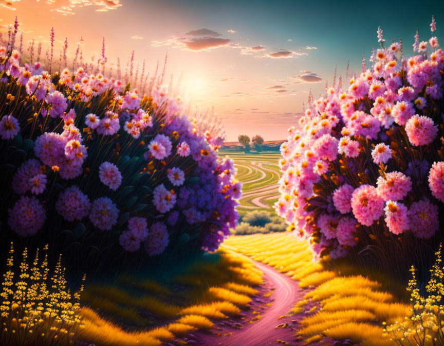 Colorful sunset scene with flowers and patterned fields under dreamy sky