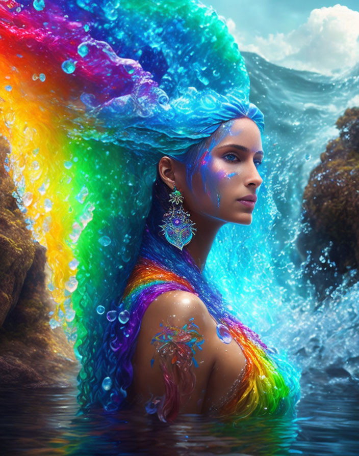 Vibrant mermaid with rainbow hair in ocean waves