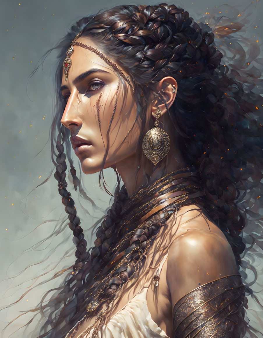 Detailed digital painting of woman with braided hair and intricate jewelry.