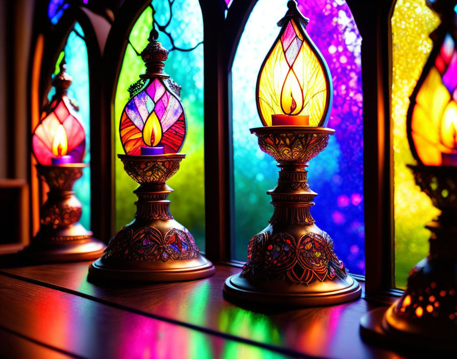 Vibrant stained glass windows and ornate lamps on wooden surface