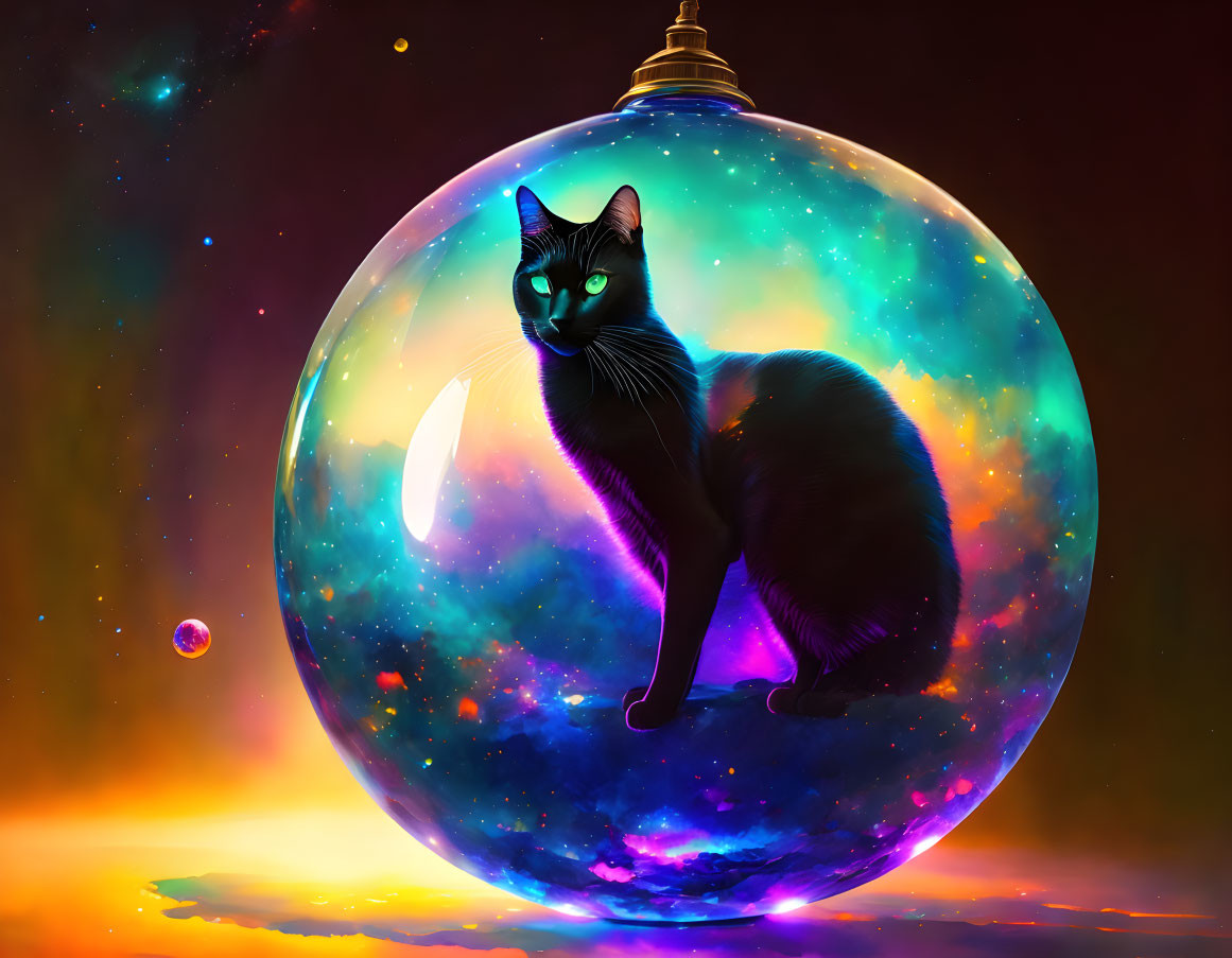 Black cat in cosmic orb with nebula and stars against sunset sky