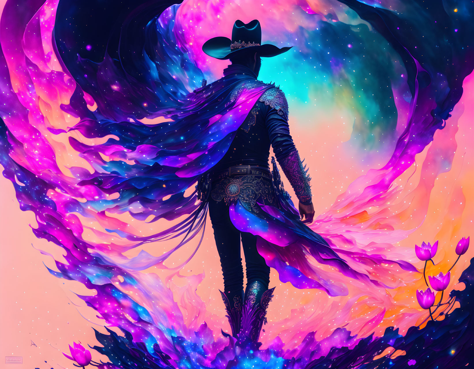 Colorful artwork featuring figure in cowboy hat and cloak amidst cosmic swirls and flowers.