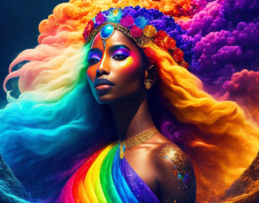 Colorful Woman with Flowing Hair and Cosmic Headpiece on Vibrant Nebula Background